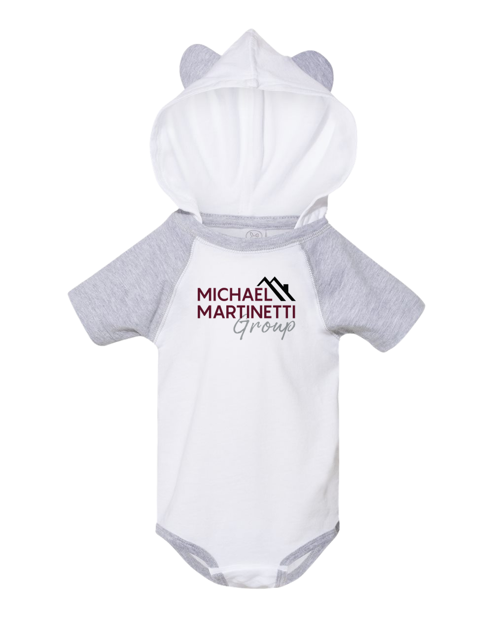 Team logo hooded baby onesie for real estate agent client gift