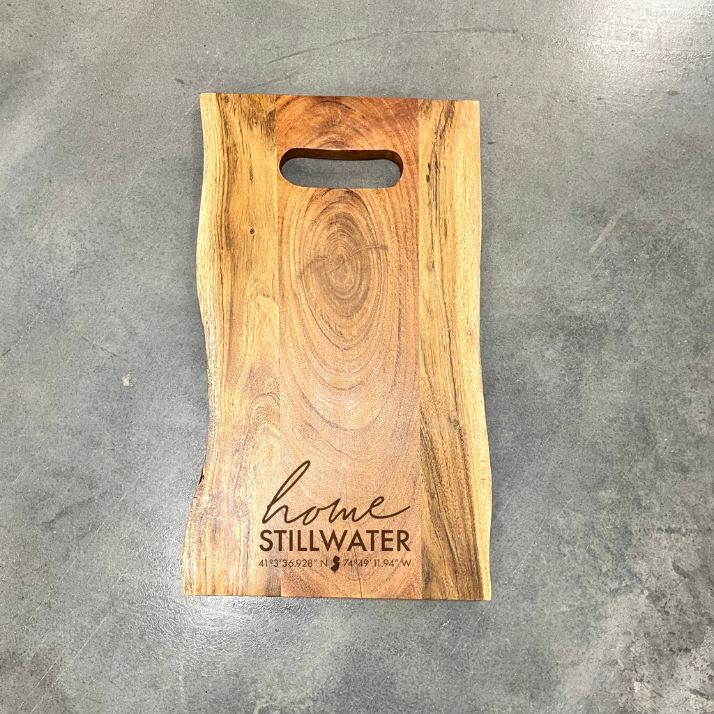 Coordinates engraved on live edge serving board closing gift NJ