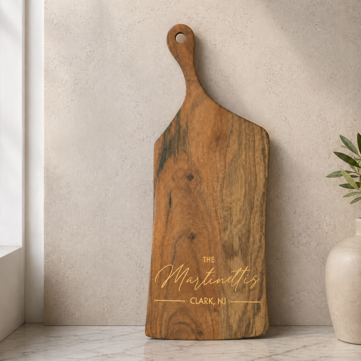 Live edge charcuterie board with handle personalized closing gift NJ