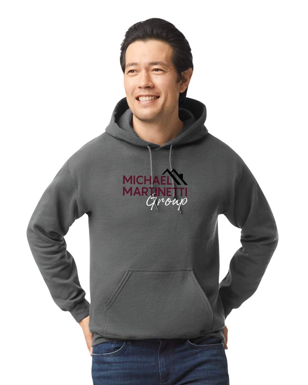 Dark gray drawstring hoodie real estate agent apparel