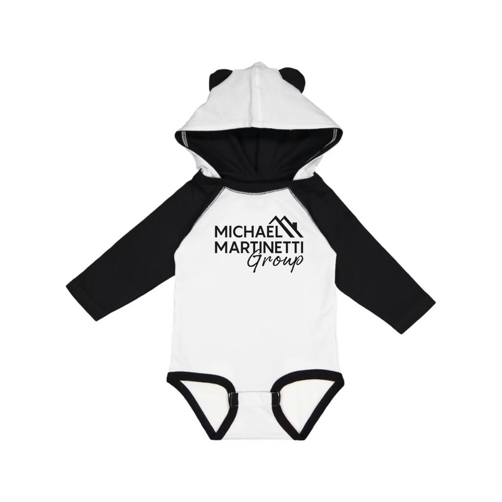 Long sleeve hooded baby onesie team logo real estate closing gift