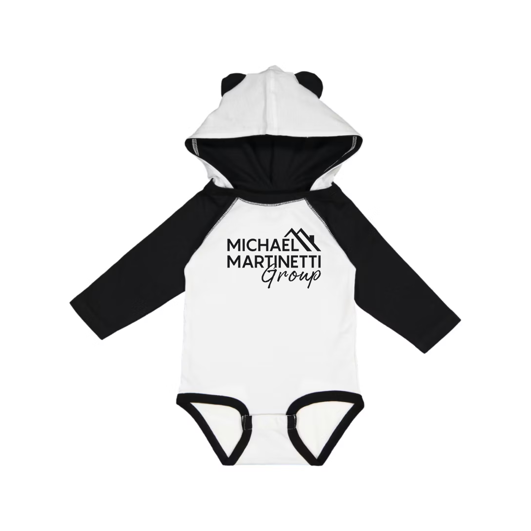 Long sleeve hooded baby onesie team logo real estate closing gift