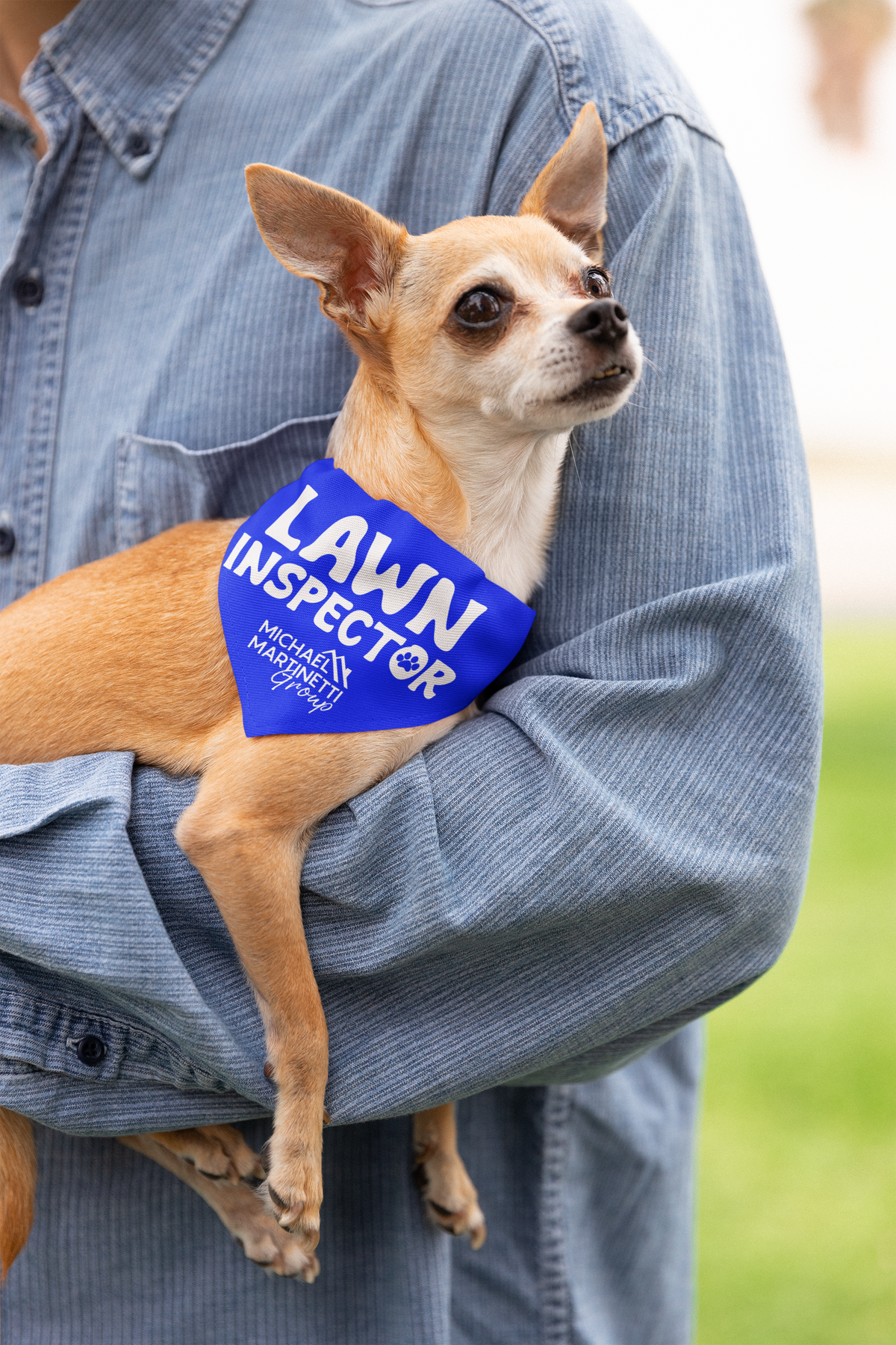Dog wearing lawn inspector bandana real estate closing gift for pet parents