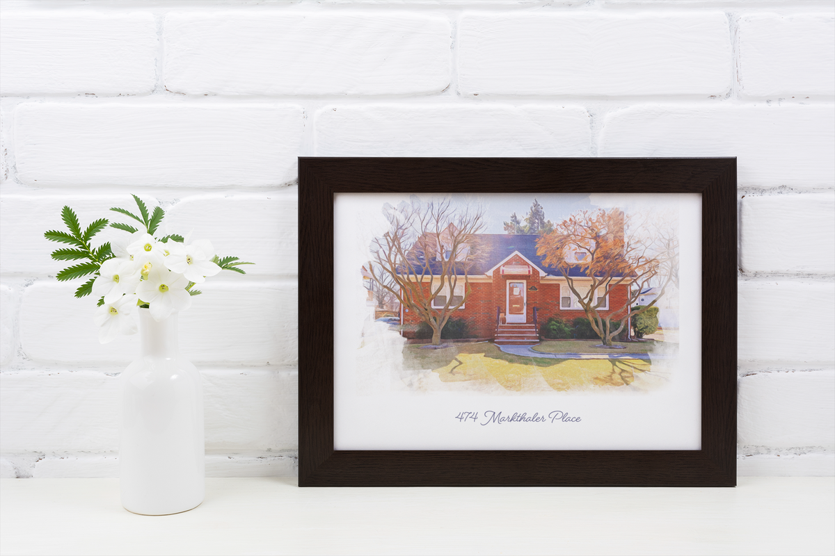 Custom house portrait art print framed on shelf realtor closing gift