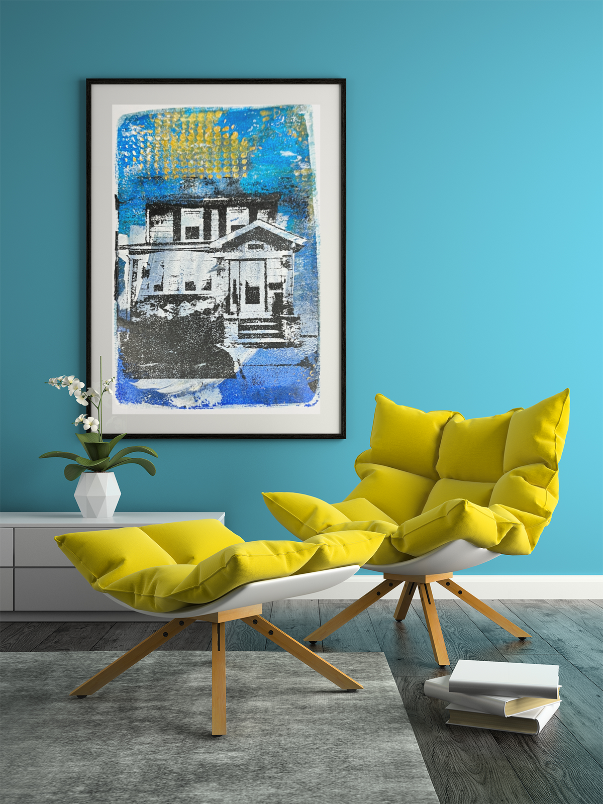 House portrait art print in contemporary living room setting