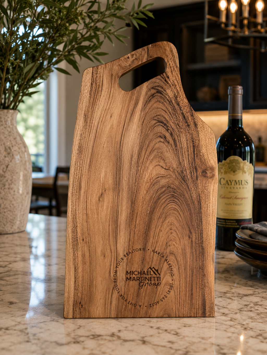 Agent badge on back of personalized wood serving board
