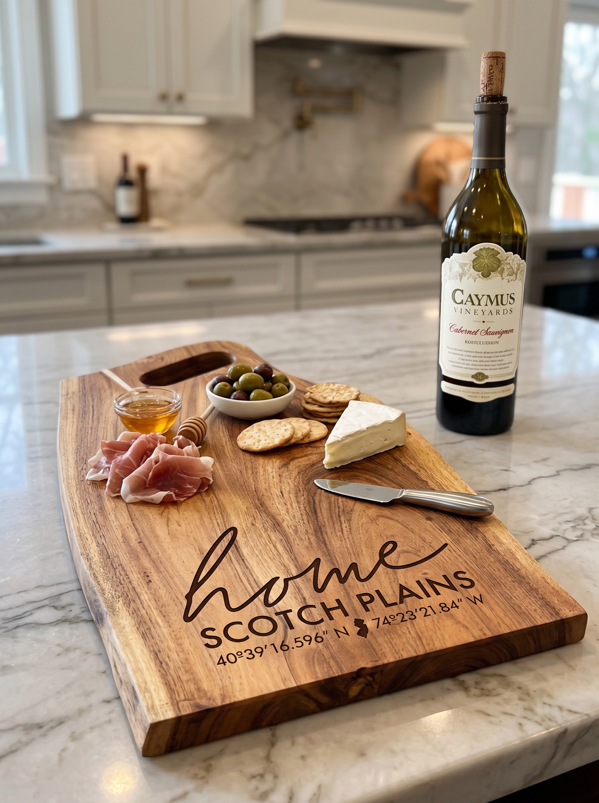 Engraved serving board with home coordinates for NJ closing gift