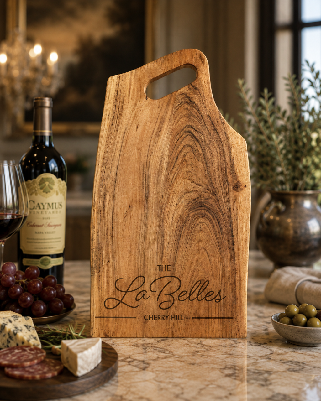 Custom family name engraved on live edge serving board
