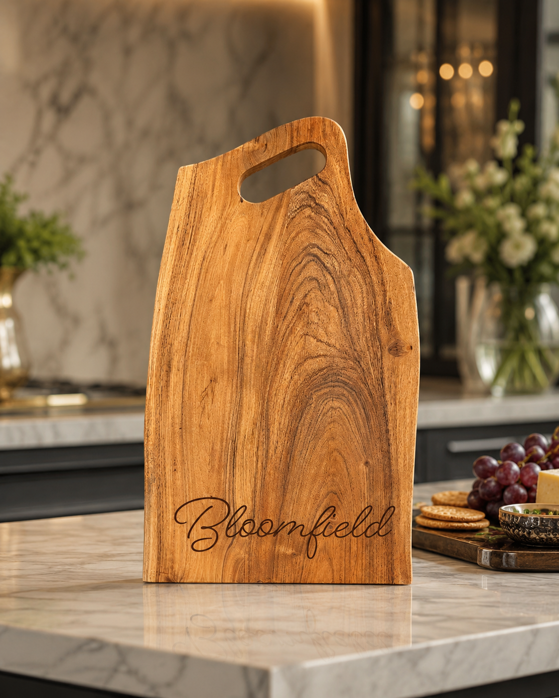 Personalized town name engraved on wood serving board