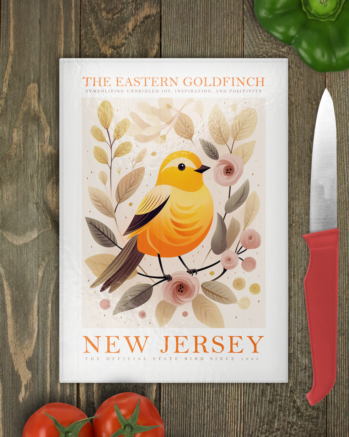 NJ glass cutting board with bird design for realtor client gift
