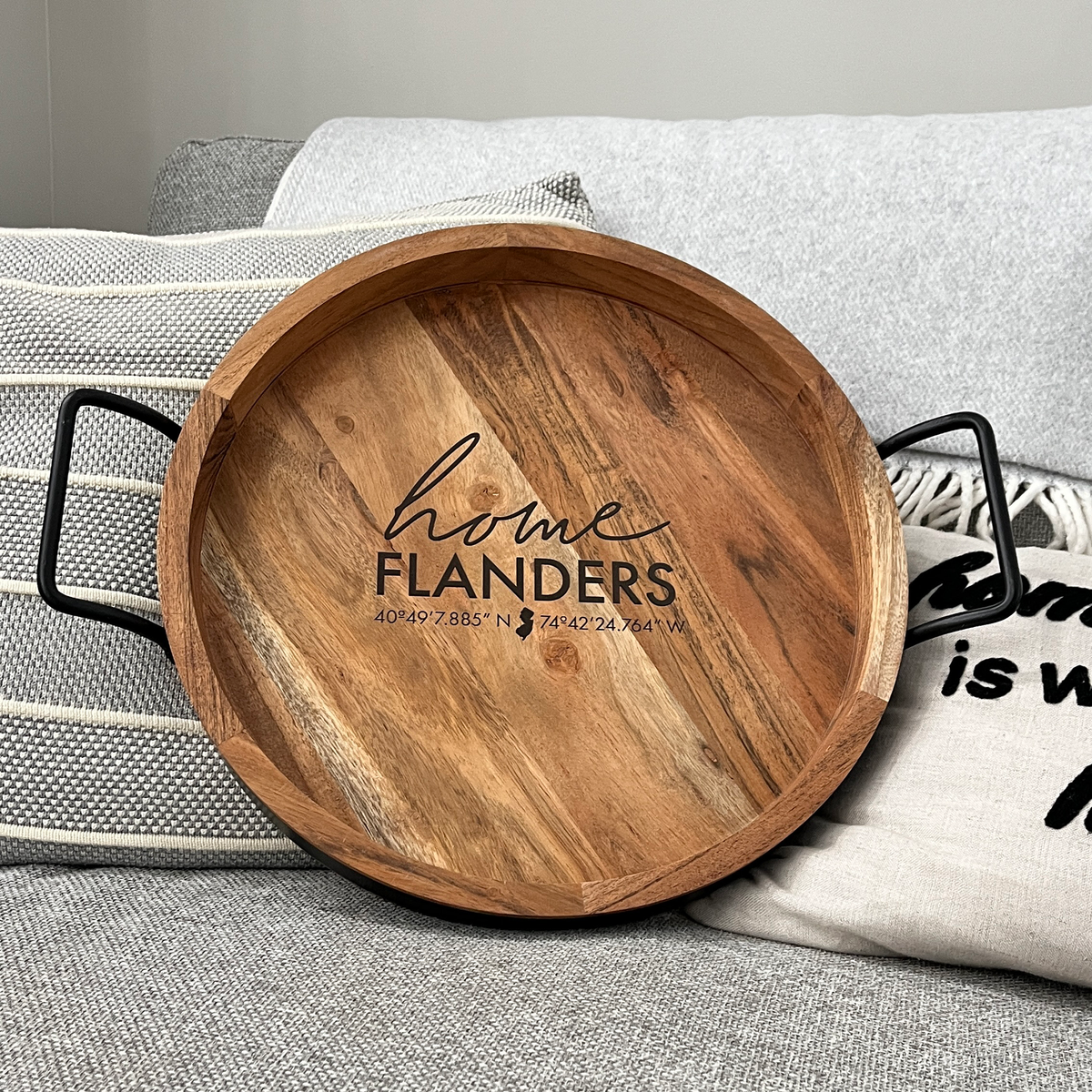 Round wood tray with handles personalized with coordinates closing gift