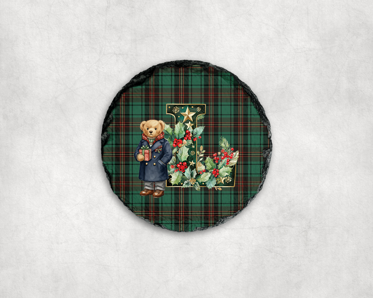 Holiday tartan slate coaster personalized initial closing gift NJ