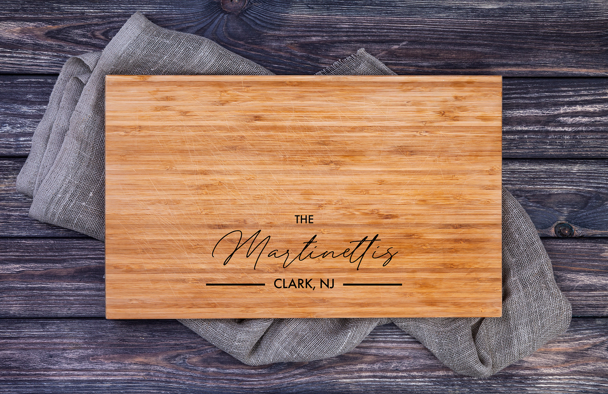 Custom family name engraved on giant wood charcuterie board